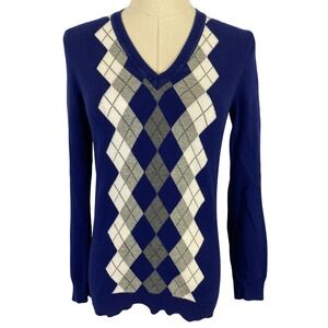 Tommy Hilfiger Small Pima Cotton Blend Blue White Argyle V Neck Sweater